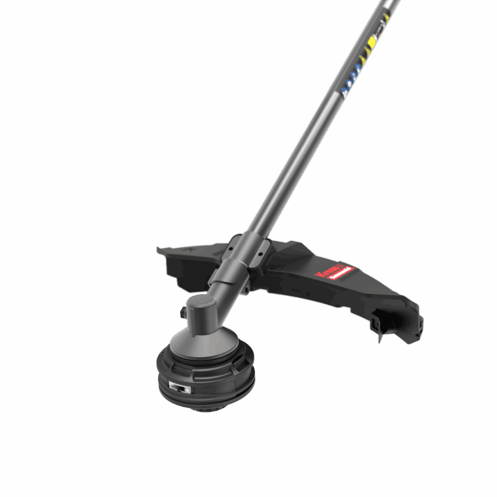A modern Kress Commercial 60V 42cm brush cutter-tool only KC170.9 with a metal shaft, adjustable handle, and a rotating cutting head on a green background.