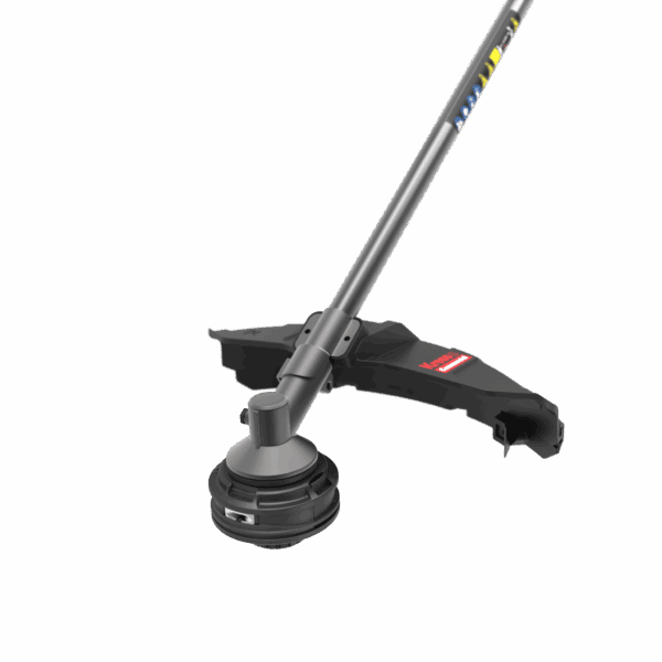 A modern Kress Commercial 60V 42cm brush cutter-tool only KC170.9 with a metal shaft, adjustable handle, and a rotating cutting head on a green background.